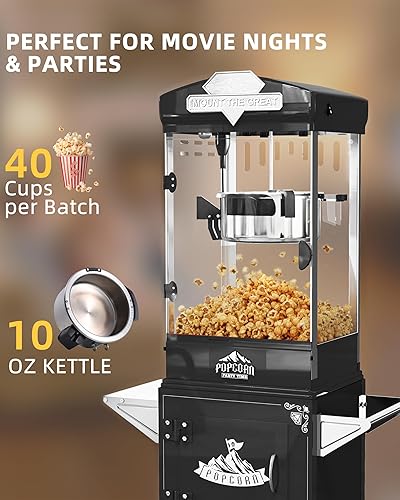 Miniatura 2 de Máquina de palomitas de maíz de 10 onzas con hervidor fácil de desmontar, carrito de máquina de palomitas de maíz hace 40 tazas, estilo cine,