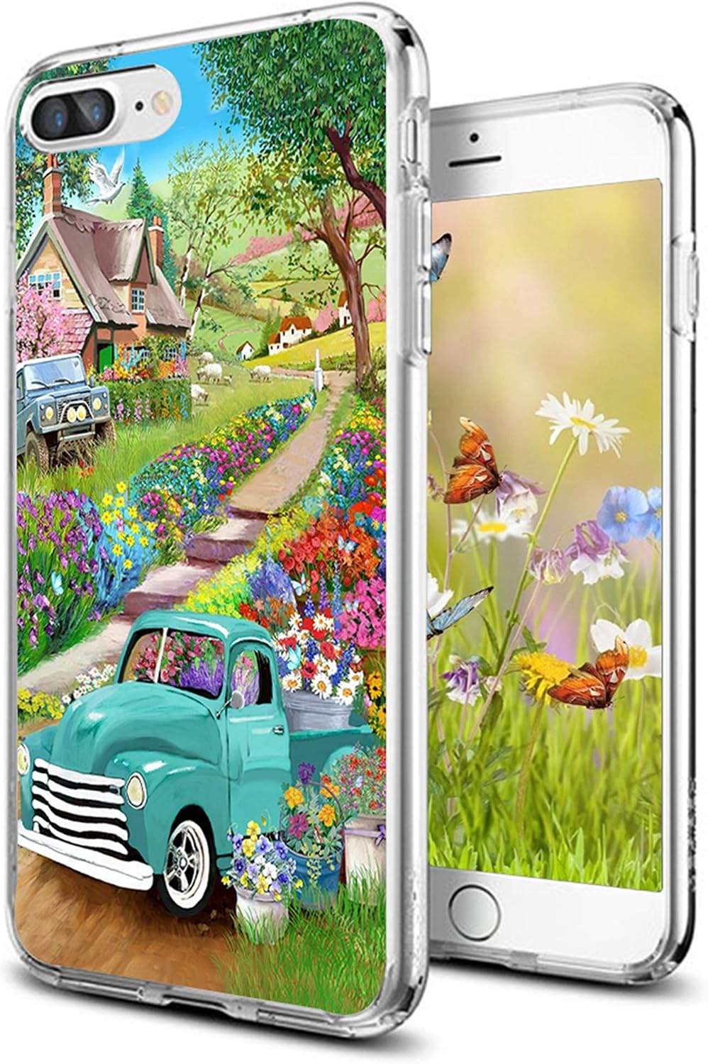 cocomong Farmhouse Spring for iPhone 7 Plus 8 Plus Case Blue Truck Fresh Spring Flowers Pattern Soft TPU Thin Phone Case for iPhone 7 Plus/ 8 Plus 5.5" Protective Anti-Drop-Scratch Spring Decoration