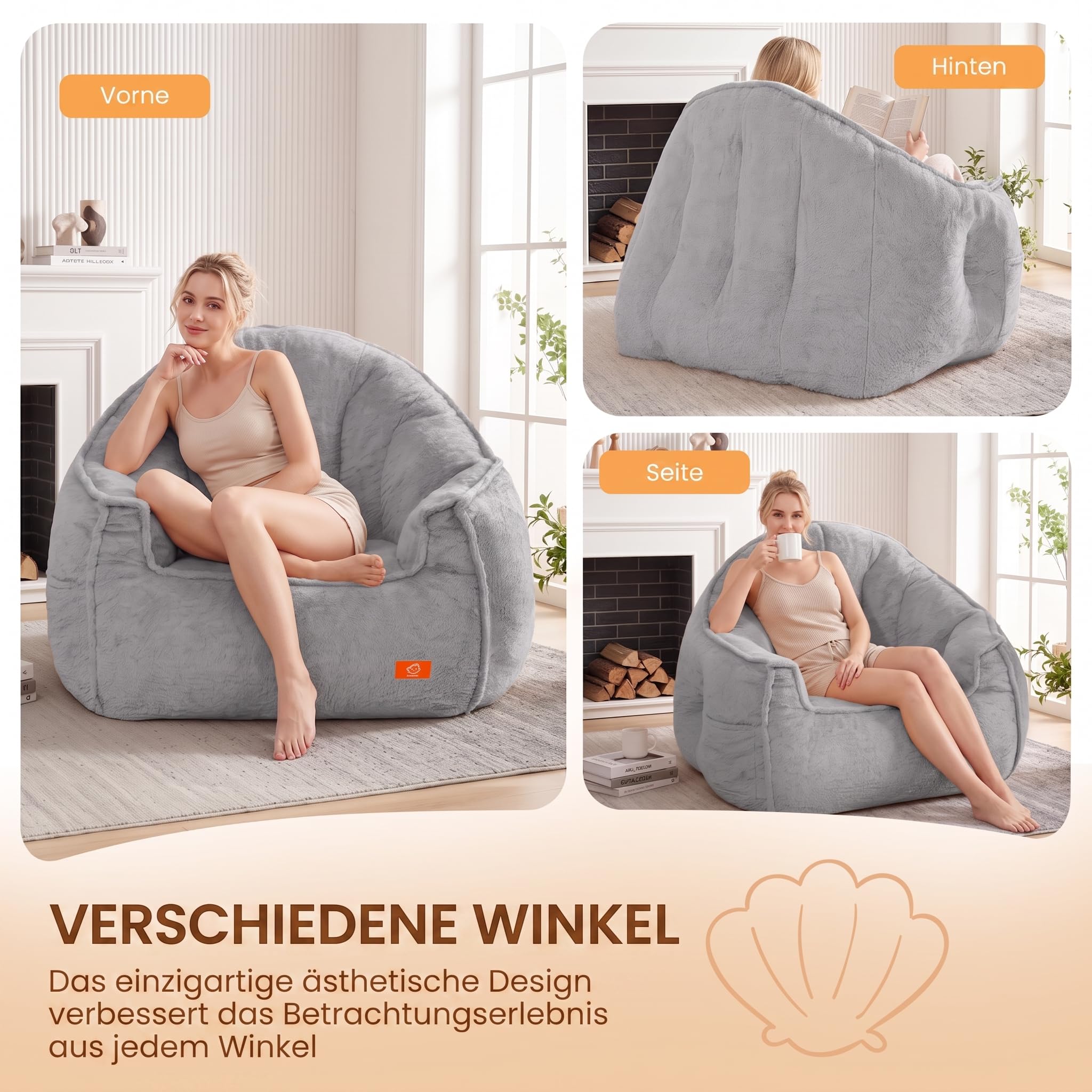 MeMoreCool XXL Sitzsack für Erwachsene, Muschelform Bean Bag Chair Grau