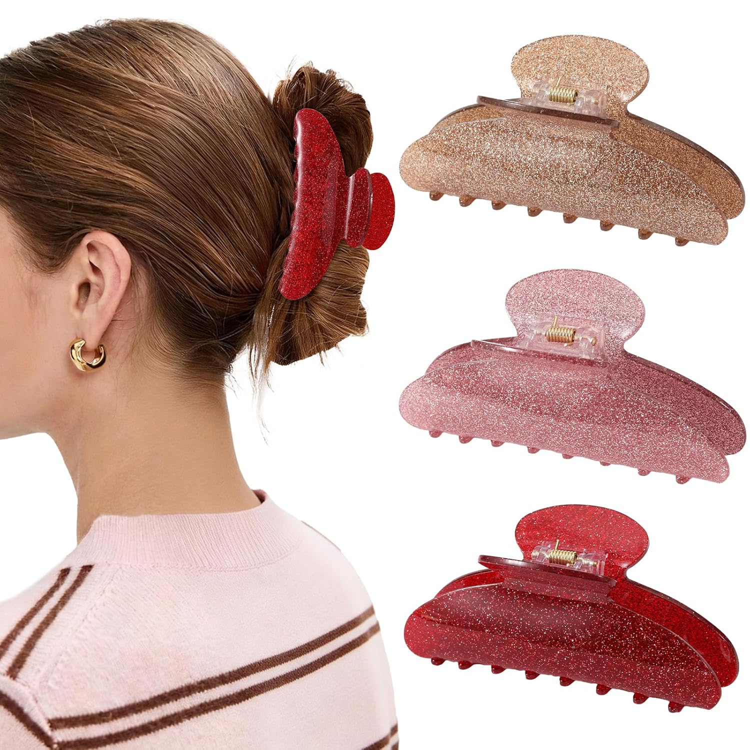 3 Pack Hair Claw Clips for Women, Recycled Acrylic Strong Hold Claw Clips for Thick Thin Hair, Eco-Friendly, Easy Updo for All-Day & Active Lifestyle, Sparkly Hair Accessories, Valentine's DayGifts