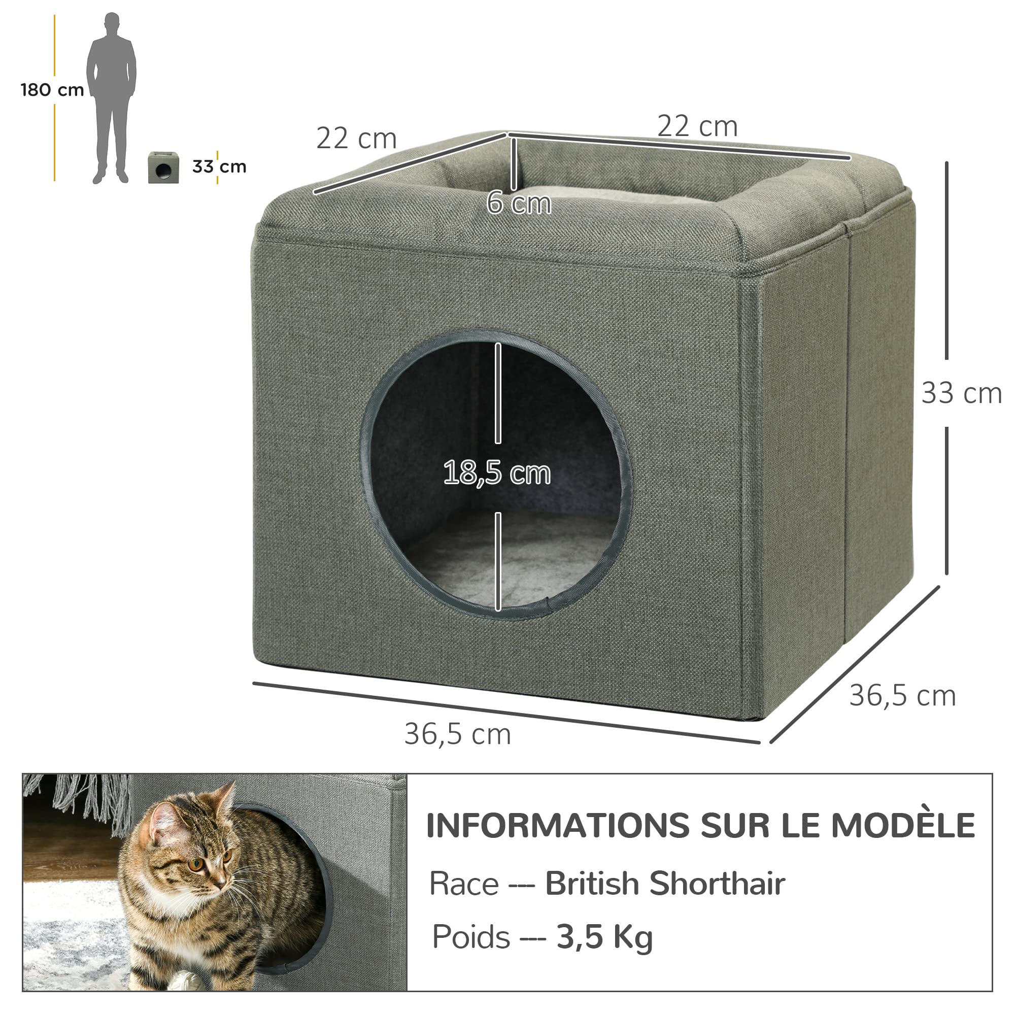 PawHut Maison Niche pour Chat 2 Niveaux avec Coussin Moelleux en Peluche - 36,5 x 36,5 x 33 cm Gris