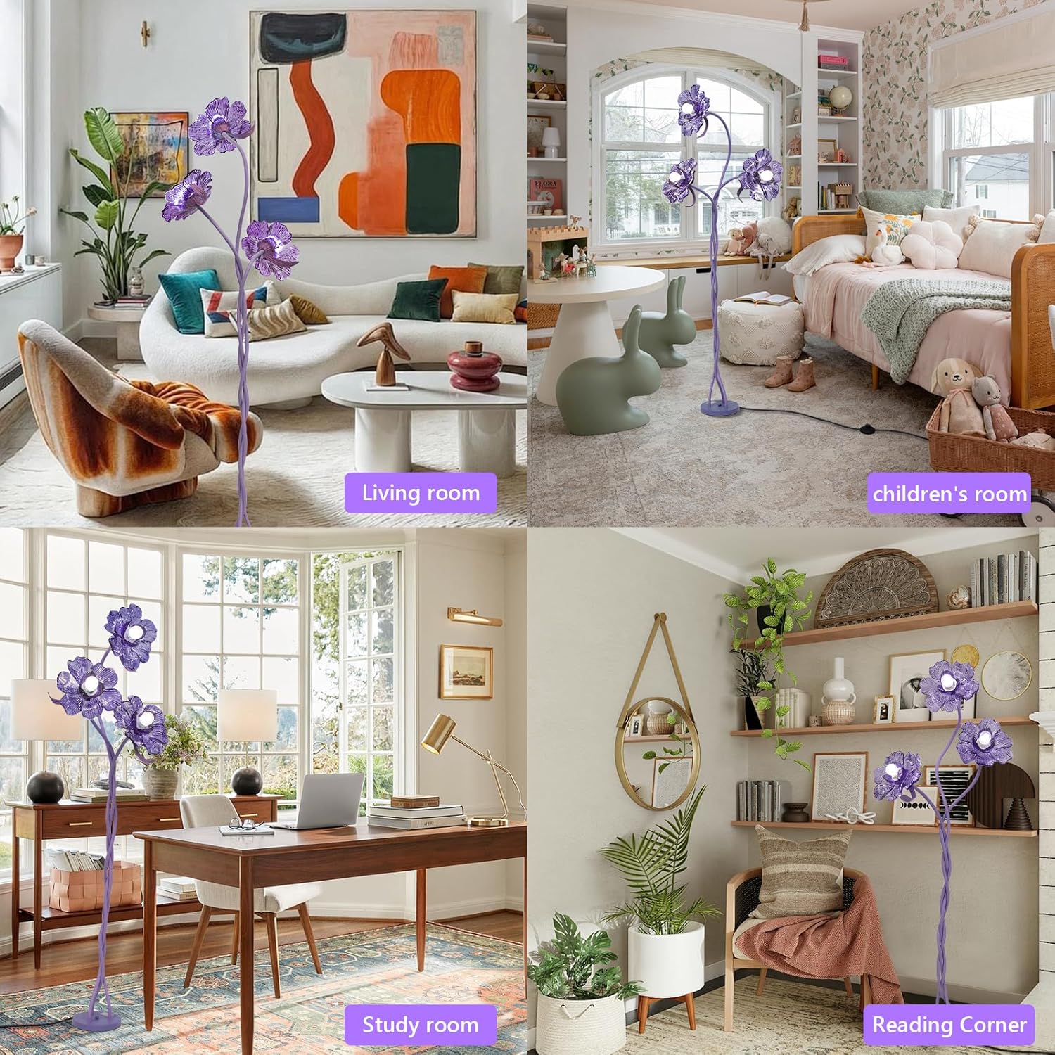 Vintage Flower Floor Lamp for Girls' Bedroom, Cute 3 Heads Floor Reading Light with Flexible Gooseneck, 3 Colors Crabapple Flower Modern Corner Standing Lamp for Living Room Office Home Decor (Purple)