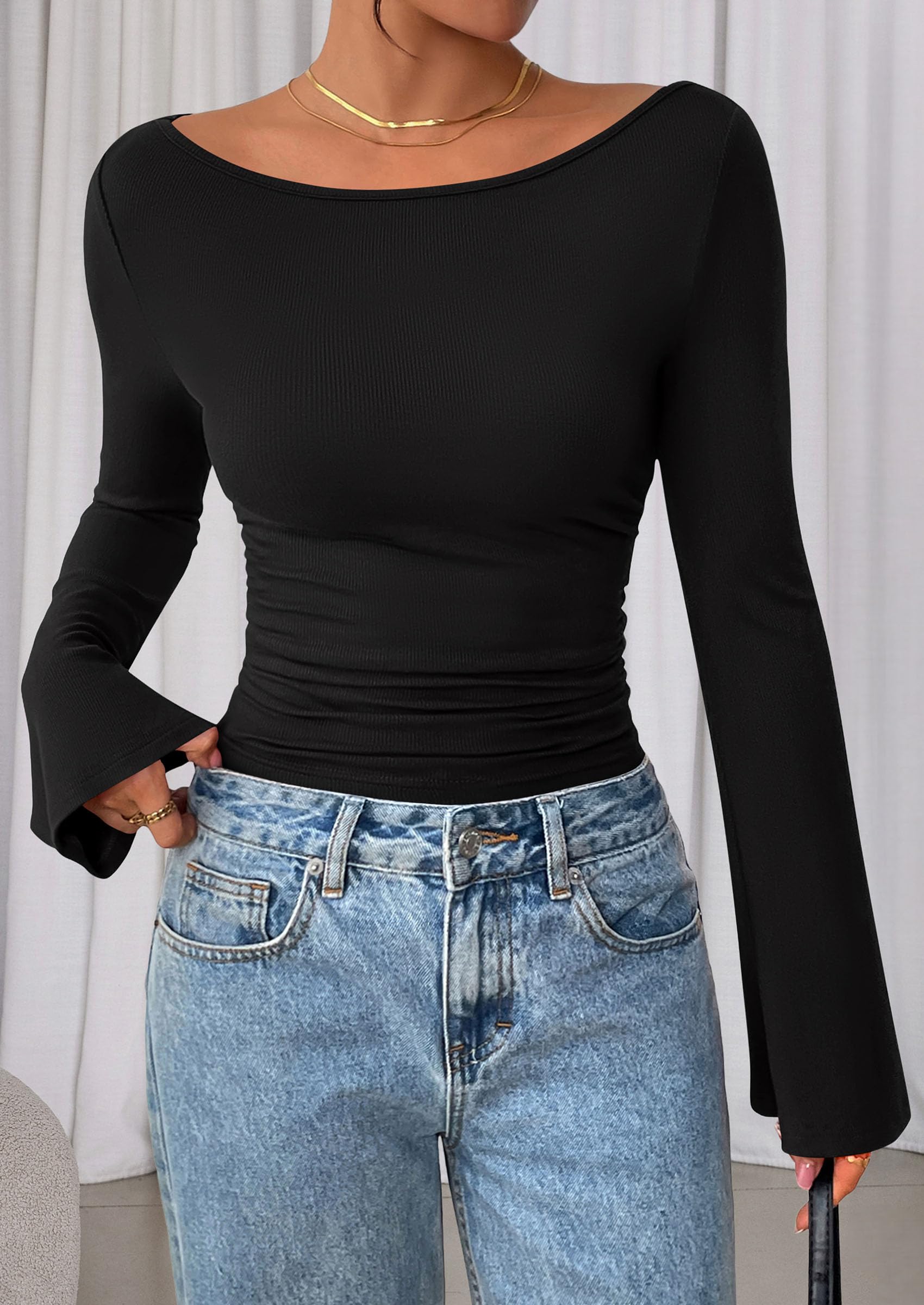 PRETTYGARDEN Women's Long Sleeve Shirts 2025 Fall Crop Going Out Tops Casual Boat Neck Bell Sleeve Ribbed Ruched Y2K Clothes