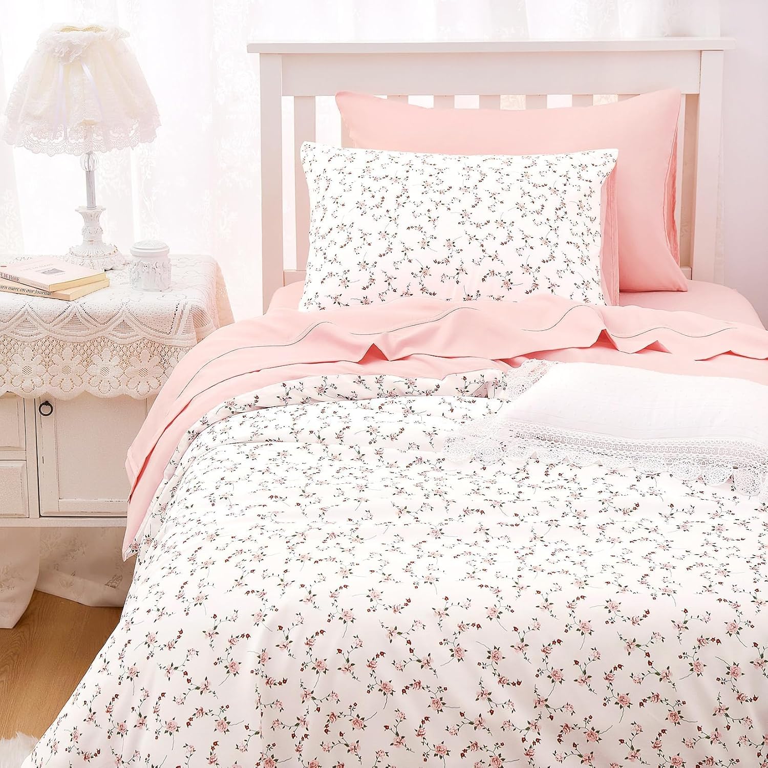 Wake In Cloud - Floral Duvet Cover Set, Coquette Cottagecore Aesthetic Cute Flower Pattern for Women Teen Girls, Soft Lightweight Bedding, 3-Piece, Pink, Twin/Twin XL Size - Image 8