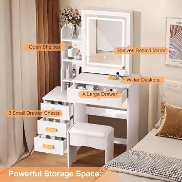 Vanity Desk with Sliding Lighted Mirror, 3 Color Adjustable Lights Makeup