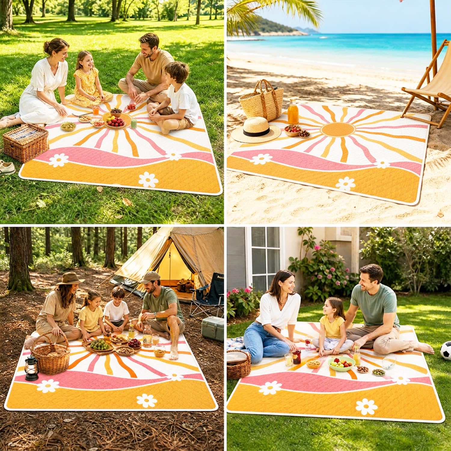 Sunflower Tapis et Couverture de Pique-Nique 200x200cm Grand Imperméable Anti-Sable – Natte de Plage Lavable, Pliable et Portable pour Camping, Parc, BBQ, Voyage – Nappe de Sol pour Extérieur