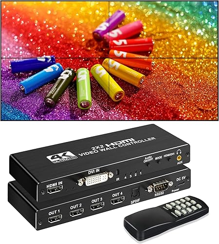 avedio Links Controlador de pared de video HDMI 2x2 4K, 1080P @60Hz HDMI DVI TV procesador de pared con salida de audio, 4 pantallas de TV en 1