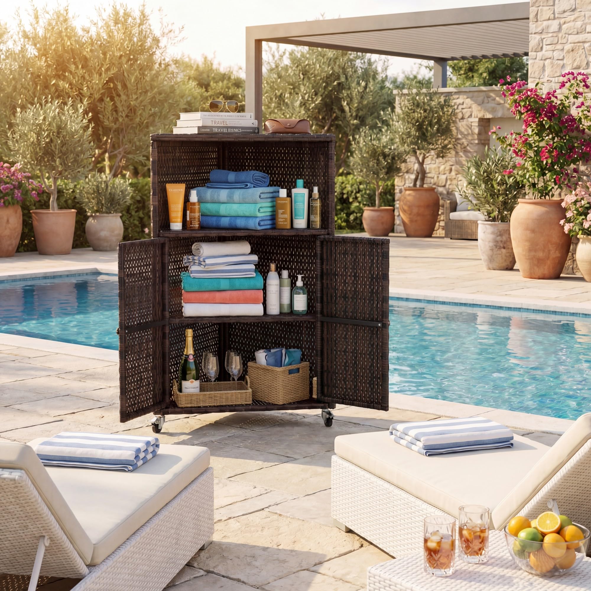 LIFEZEAL Armario de Exterior de Ratán con 2 Niveles y Puertas | Aparador Rodante para Patio Jardín Terraza, Compartimento Abierto, 65x47x111 cm, Resistente al Agua