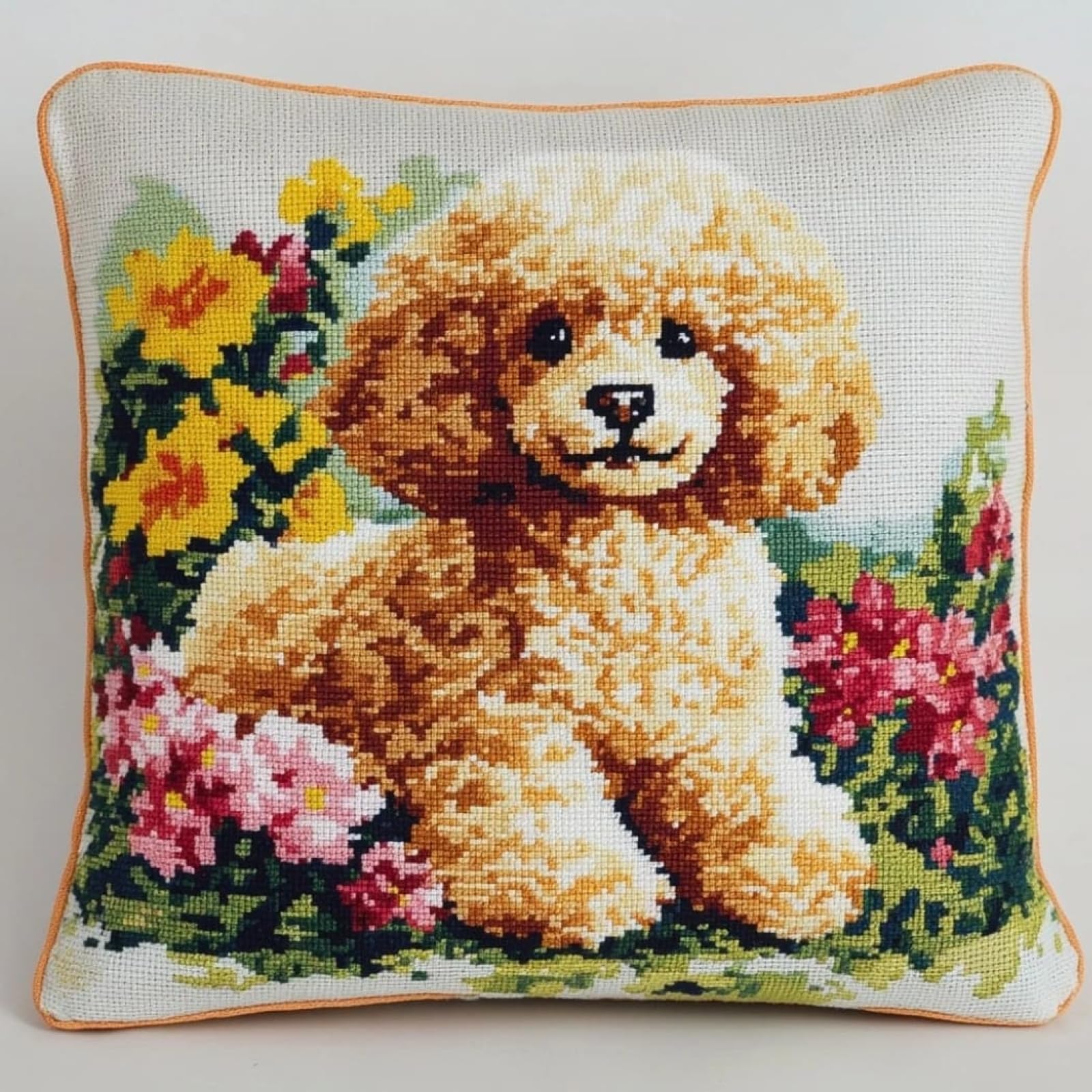 WallustrioaW 11CT Pre Printed Cross Stitch Kits,Poodles and Flowers,DIY Embroidery Pillow Covers Kit DIY Handmade Needlework Cushion for Beginners,45x45cm