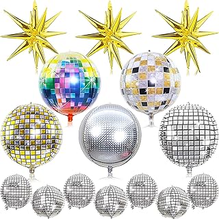 Disco Ball Balloons- 18Pcs Large Disco Balloons 22” 10 Inch Mixed 4D Round Metallic Disco Mylar Balloons Gold Exploding Star Balloons for 70s 80s 90s Disco Themed Party Decor