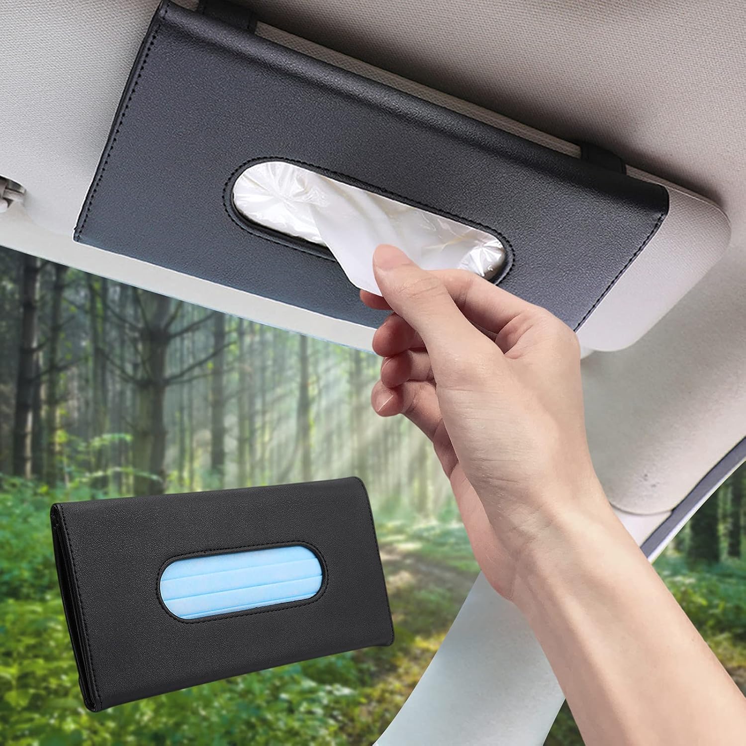Hyeaquo Car Visor Tissue Holder, Car Mask Holder, Car Sun Visor Napkin Holder Backseat Tissue Case,Pu Leather Tissues Box,Car Tissue Holder(Black)