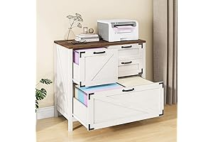 Stylish and Spacious Farmhouse Desk with 5 Drawer Filing Cabinet