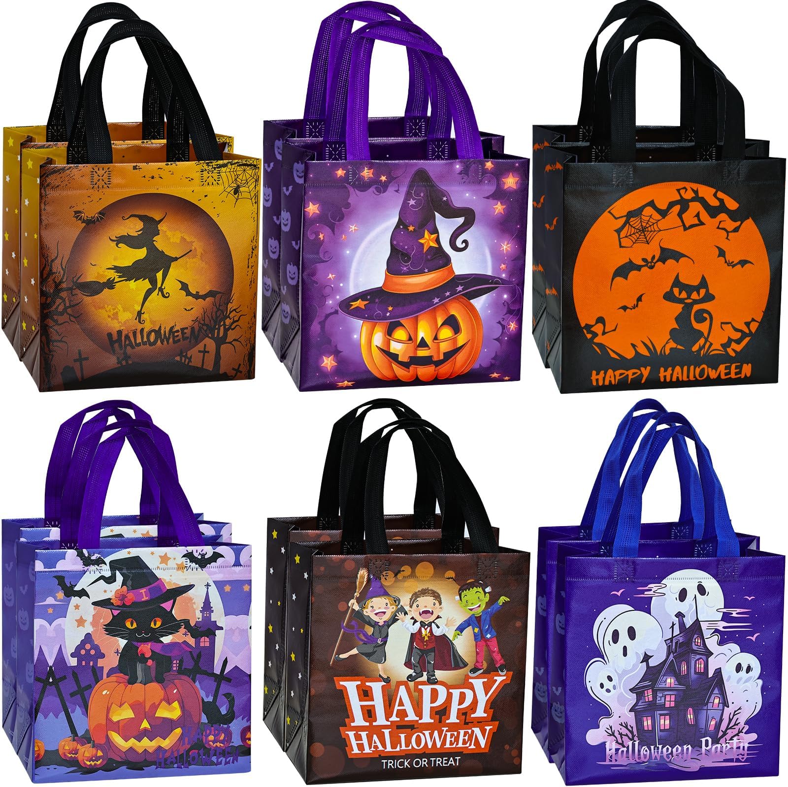 CUUSNNY 12Pcs Halloween Bags, Multicolor, 9.45"8.86"4.25", Pumpkins, Witches, Bats, Non-Woven, Water-Resistant, Trick or Treat, Gift Bags, Halloween Party Favors