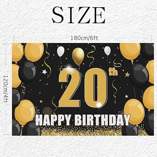 Miniatura 2 de Cartel de fondo de feliz cumpleaños 20 en negro y dorado, cartel de cumpleaños de 20 años, fondo de cumpleaños de veinte años, decoración de cabina