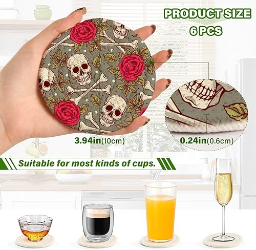 Miniatura 3 de Skull Roses Coasters for Drinks Set of 6 Absorbent Woven Drink Coaster Set for Apartment Home Desk Coffee Table Decor