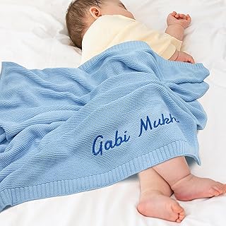 TICBIK Personalised Baby Knitted Blankets, Custom Baby Blanket with Name, Customised Cellular Blankets Cotton Baby Blanket Knitting Patterns for Newborn Soft