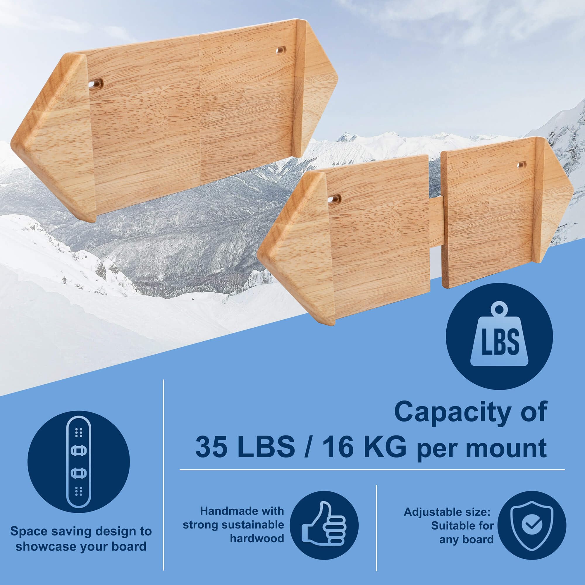 Hang 11 Support mural pour planche à neige – Support mural en bois dur, support de planche à neige pour rangement de planche à neige, crochets de suspension de planche à neige, support mural pour