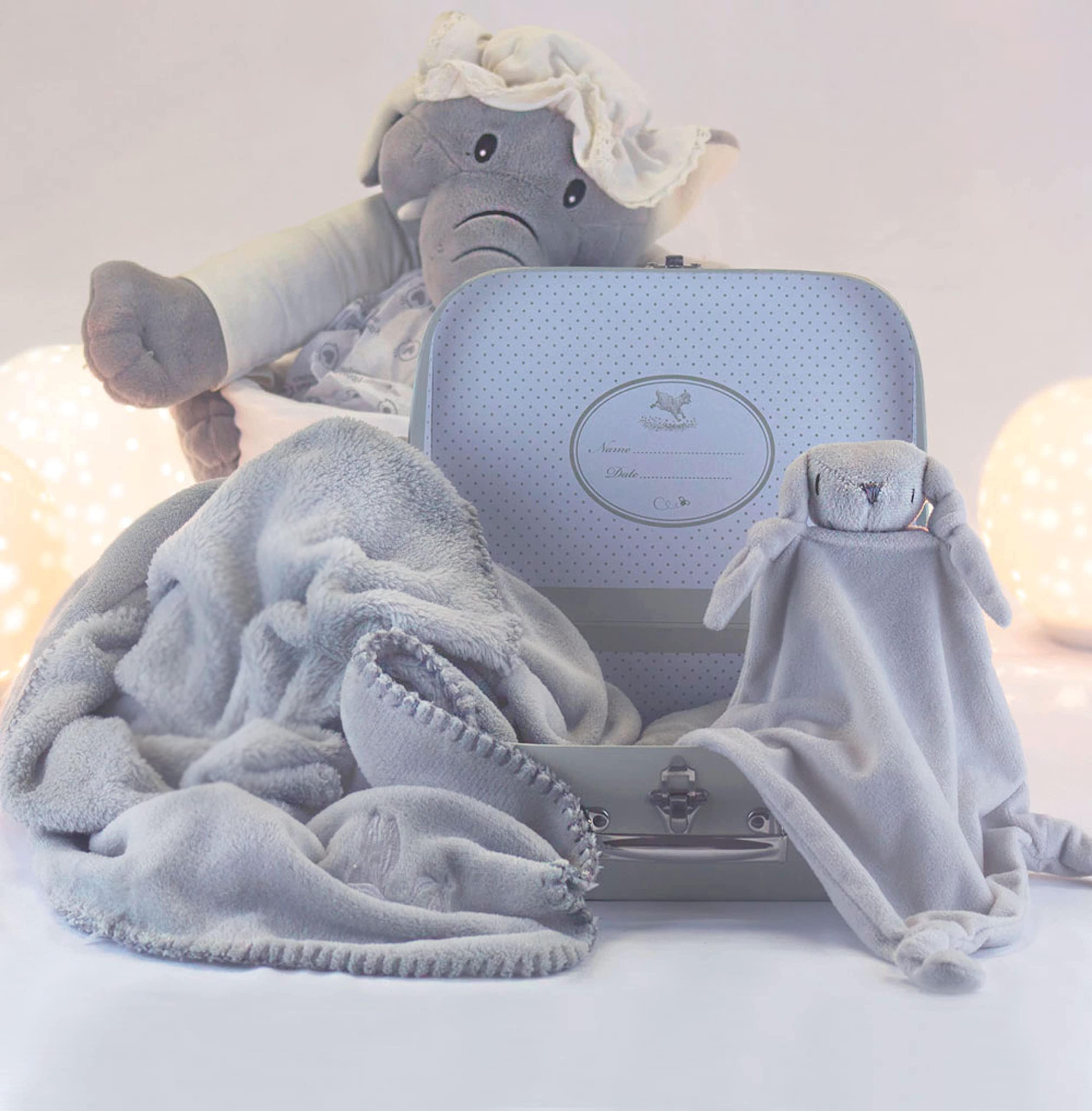 BebeDeParis Regalos para Bebes Recien Nacidos Personalizado | Canastilla Bebé Manta y Doudou | 3 a 6 Meses (Gris)