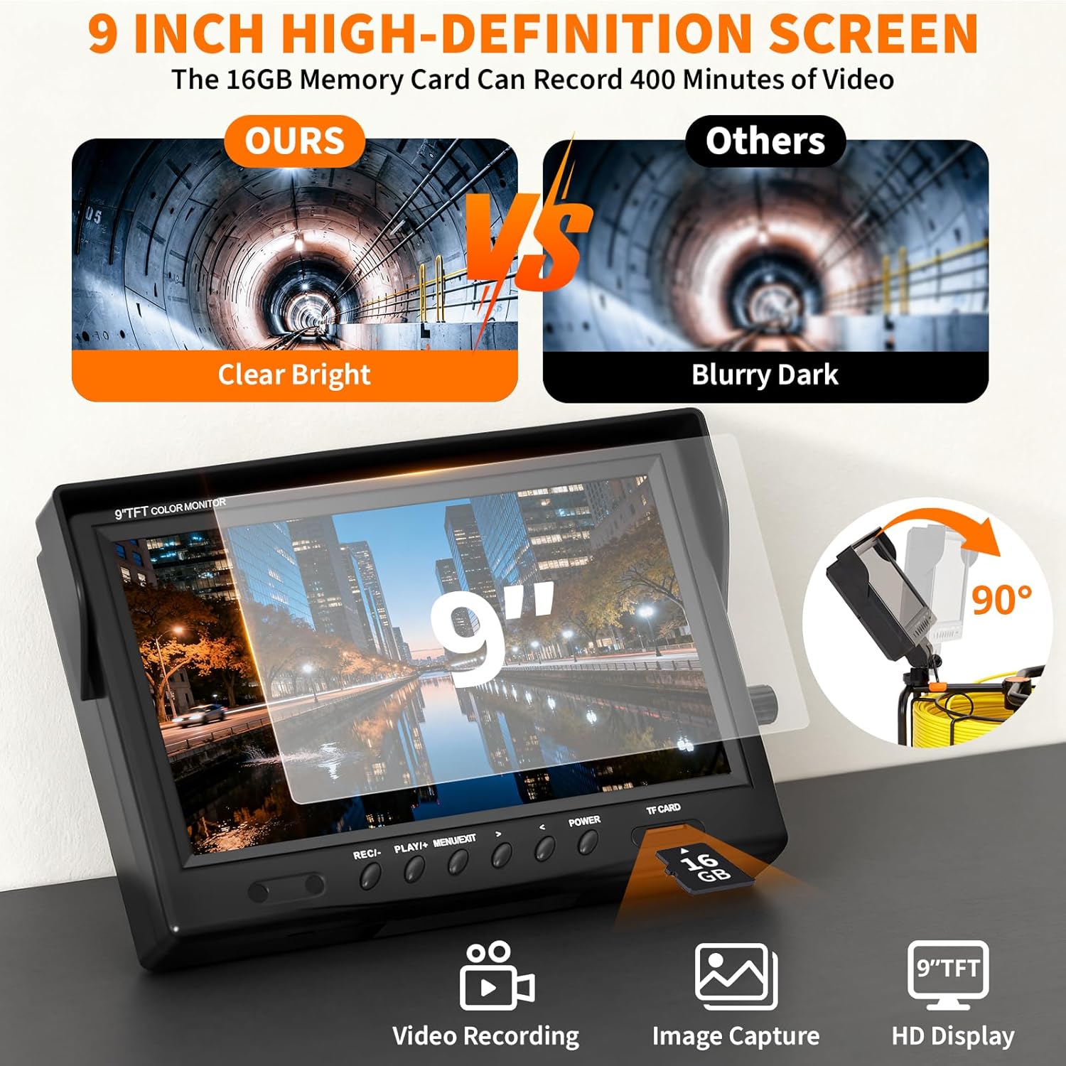 98.4 FT Sewer Camera Snake Kit w/512Hz Locator | IP68 Waterproof Plumbing Cam, 9" LCD, DVR (16GB Card), 4500MAh Rechargeable Battery, 12 LEDs for Fast Drain Clog Detection