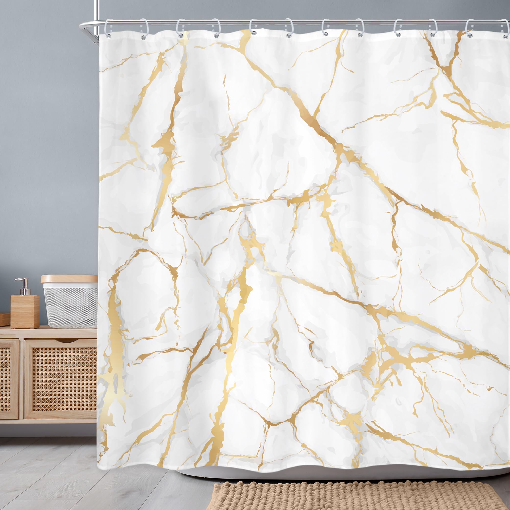 Newsely A-White Gold Abstract Gold White Marble Shower Curtain 72Wx72h Inch Modern Crack Line Luxury Texture Geometric Aesthetic Shower Curtain Bathroom Set Unique Waterproof Bath Decoration Accessories Home Decor