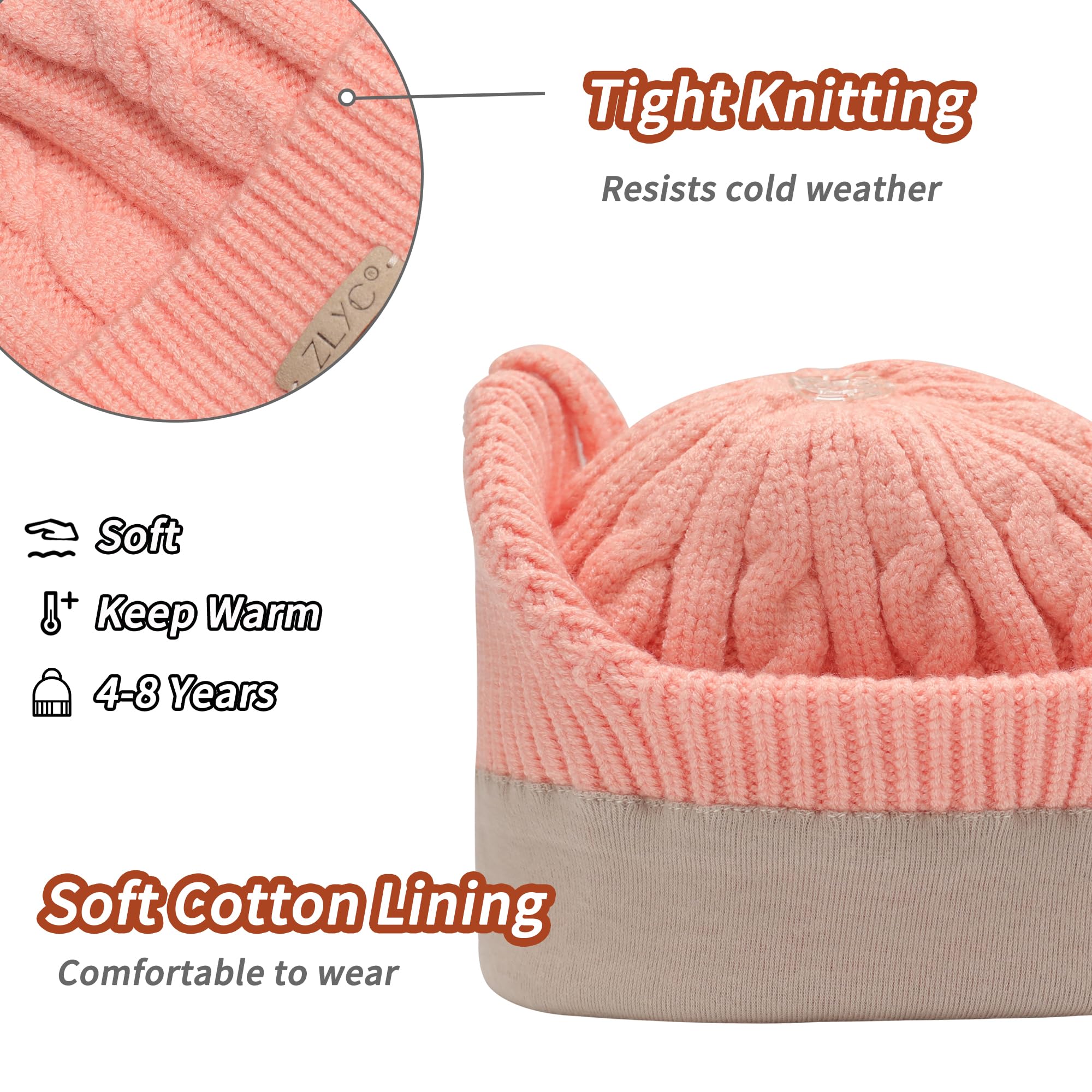 ZLYC Kinder Mädchen Strickmützen Wintermützen Baumwolle Pom Pom Beanie