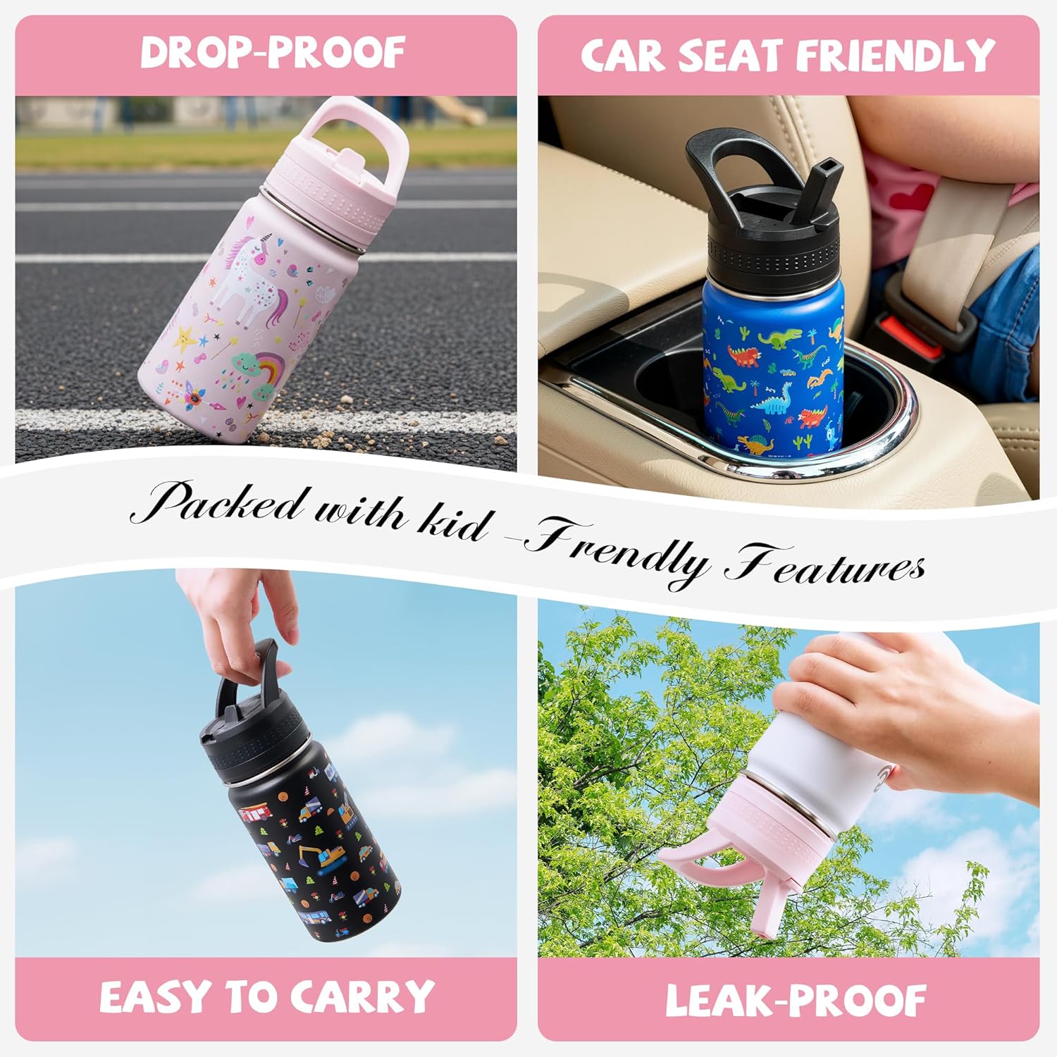 14 Oz Kids Water Bottle, Stainless Steel Water Bottle with Straws, Leak-Proof, BPA-Free, Insulated Water Bottles for School Boys & Girls|White Rainbow - Image 7