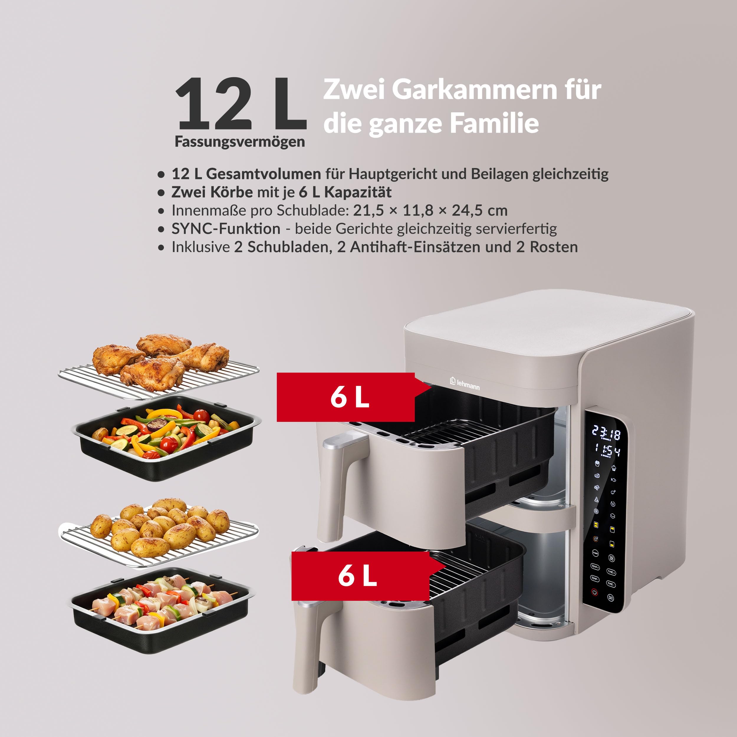 LEHMANN Frytkownica na gorące powietrze, 2 komory XXL, 12 l, 2 pionowe szuflady, 40-230 °C, powłoka nieprzywierająca, 10 programów, oszczędność miejsca, bezolejowa podwójna komora Airfryer dla dużej