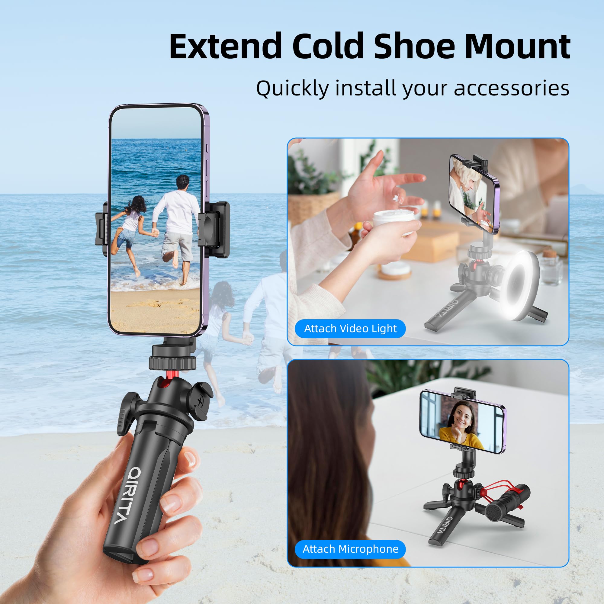Mini Treppiede per Telefono Cellulare, Tripode Fotocamera 360° Rotazione, Stabilizzatore Smartphone con Cold Shoe & Vite 1/4", Cavalletto Portatile Compatibile con iPhone/Android/Fotocamera/Gopro