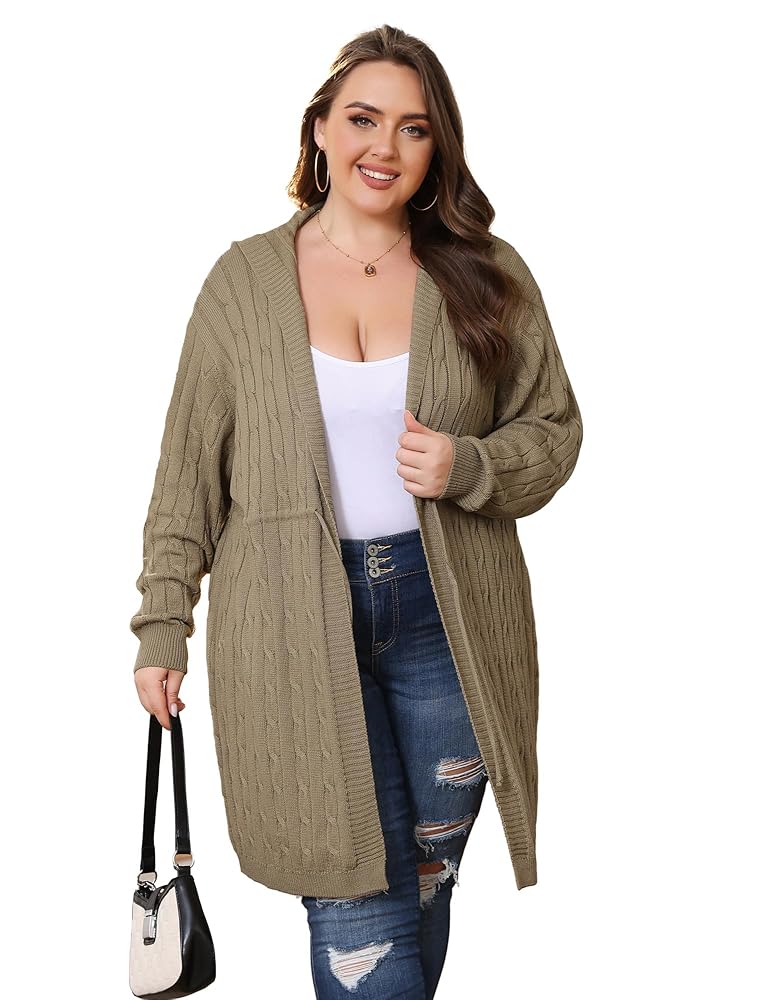KIMCURVY Plus Size Women's Hooded Cable Knit Sweater Cardigan Open Front with Drawstring Waist, Khaki, 16 Plus : Amazon.ca: Clothing, Shoes & Accessories