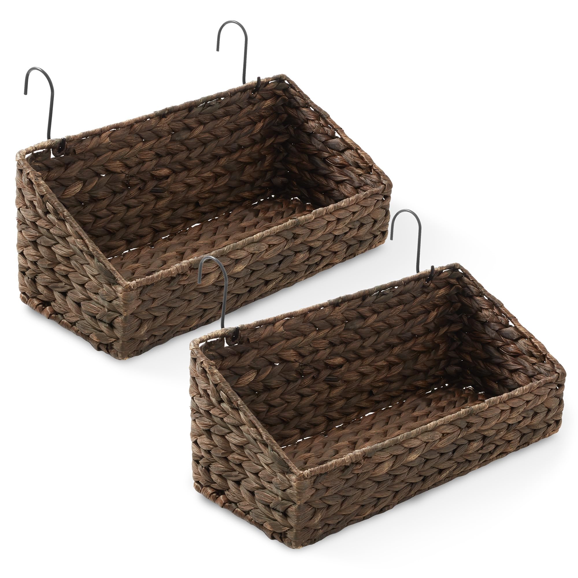 Casafield Set of 2 Hanging Baskets with Hooks - Espresso, Hyacinth Woven Wall Mounted Storage Bins for Kitchen, Bathroom, Laundry Room, Home Office