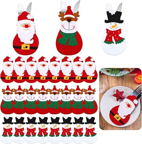 24 piezas de cubiertos de Navidad con bolsillos de Papá Noel, muñeco de nieve, reno, vajilla, bolsa de cubiertos de Navidad, bolsas de cuchara,