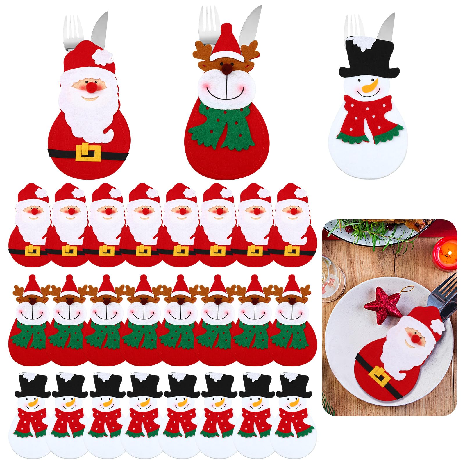 Gisafai 24 Pcs Christmas Silverware Holder Pockets Santa Snowman Reindeer Knives Forks Bags Christmas Cutlery Holder Knife Fork Pouch Bag for Xmas Tree Table Restaurant Hotel Tableware Decorations