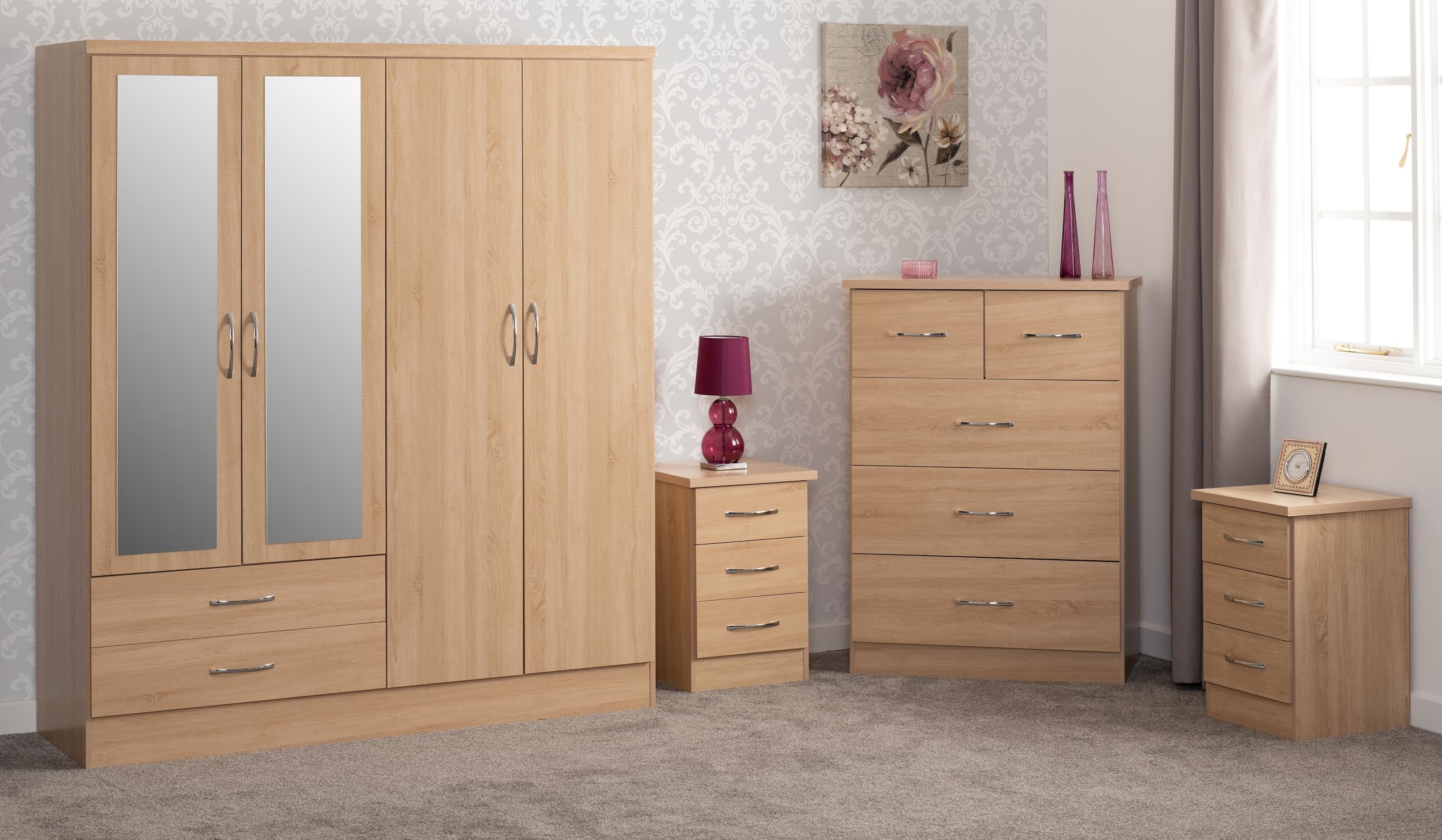 Seconique Nevada 4 Door 2 Drawer Mirrored Wardrobe Set Sonoma Oak 2 Man Del
