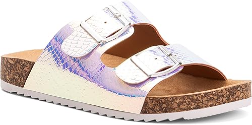 Olivia Miller Zapatos para niños Iris De Sueños Iridiscente Serpiente Doble Hebilla Plantilla Doble Correa Niñas Sandalias De Diapositiva Planas