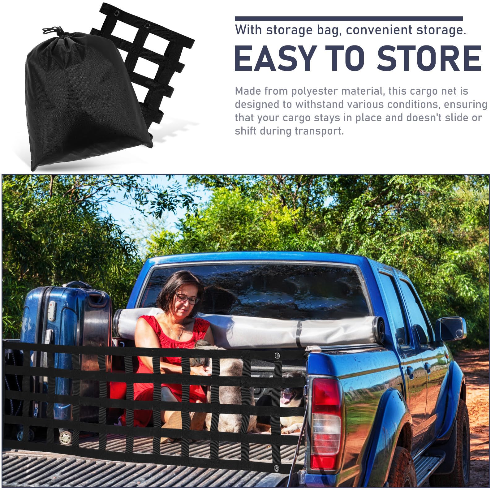 Frachtnetz für Pickup Truck Polyester Schwarz mit Karabinerhaken für Möbel und Kajaks für Ladeflächen und Autos Leicht zu Montieren