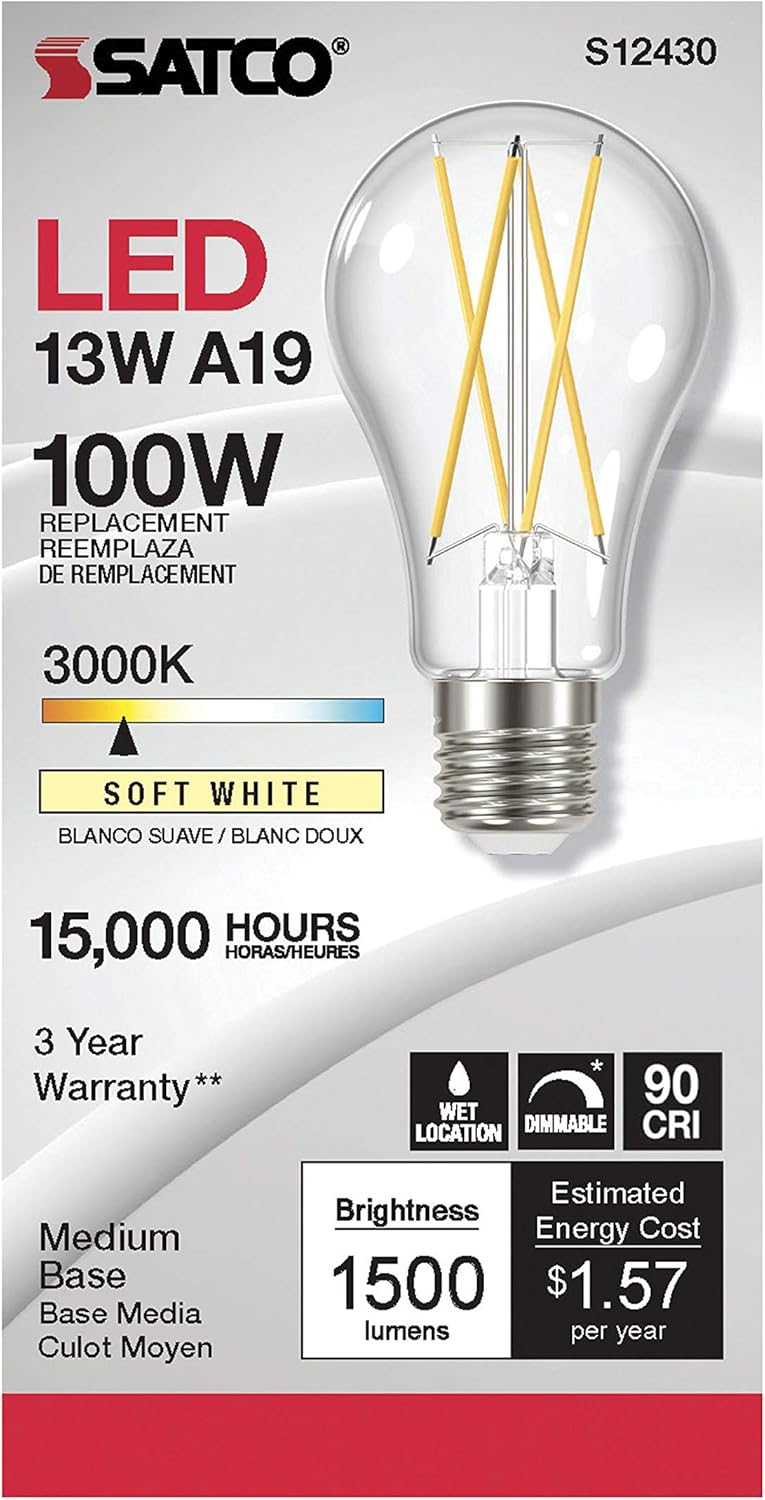 Satco 6 Pack Dimmable LED Filament Light Bulbs, 12.5 Watt, A19, Clear, E26 Medium Base, 3000K Soft White, 1500 Lumen, 90 CRI, 120 Volt for Use at Residential, Hospitality, Display and Commercial