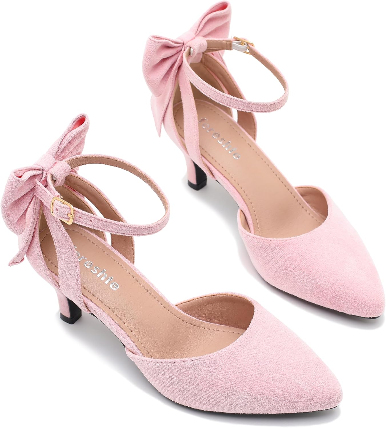 fereshte Women's Kitten Heel Pumps with Bow, Ankle Strap, Pointed Toe, Wedding Evening Dress Shoes