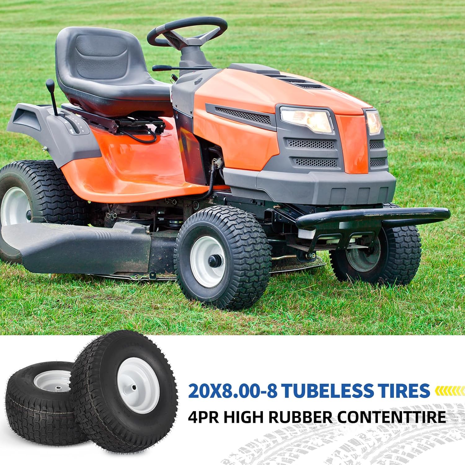 GICOOL 20x8.00-8 Lawn Mower Tire and Wheel, 4 Ply Tubeless Tire, 20x8-8nhs Riding Lawn Mower and Tractor Rear Tire and Wheel Assemblies, 3.5" Offset Hub, 3/4" Borehole, and 3/16" Keyway