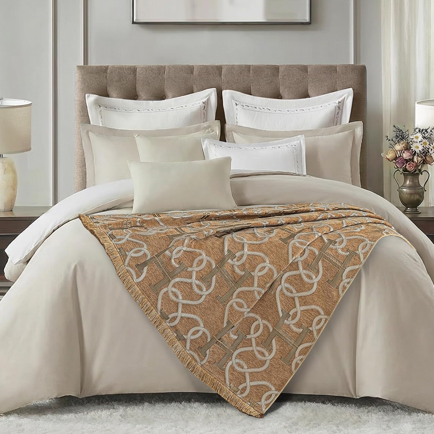 Modern Letter H Throw Blanket for Couch, Luxury Chain Pattern Jacquard Weighted Blanket with Fringe, Chenille Soft Cozy Blanket for Sofa Bed Living Room Chic Home Decor(52”x 72”, Light Brown)