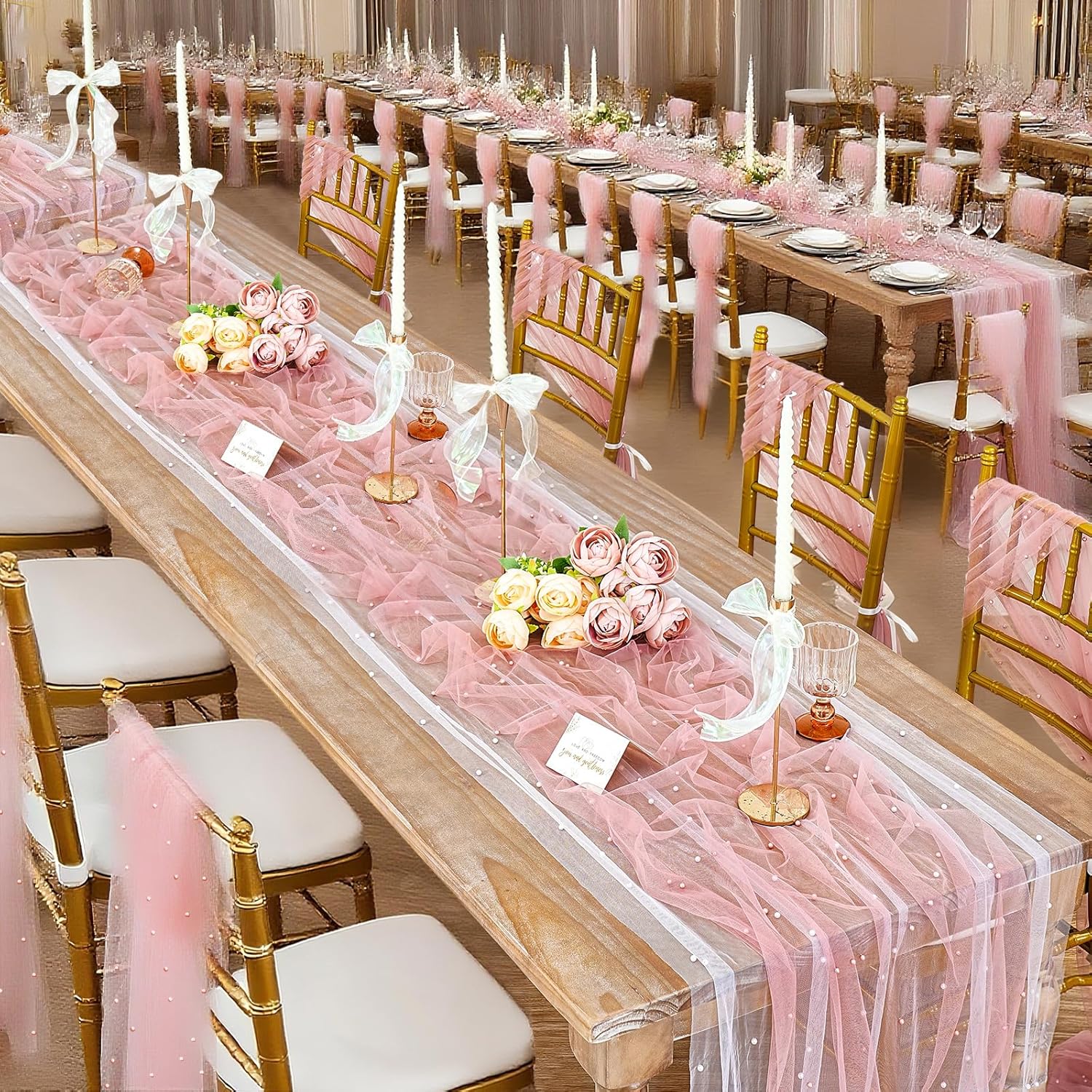 LuoluoHouse Dusty Pink Pearl Table Runner: Tulle 10ft Pearl Tulle Fabric Centerpieces Wedding Lace Tablecover Arch for Bridal Shower Veil Baby Shower Sweetheart Birthday Table Decorations