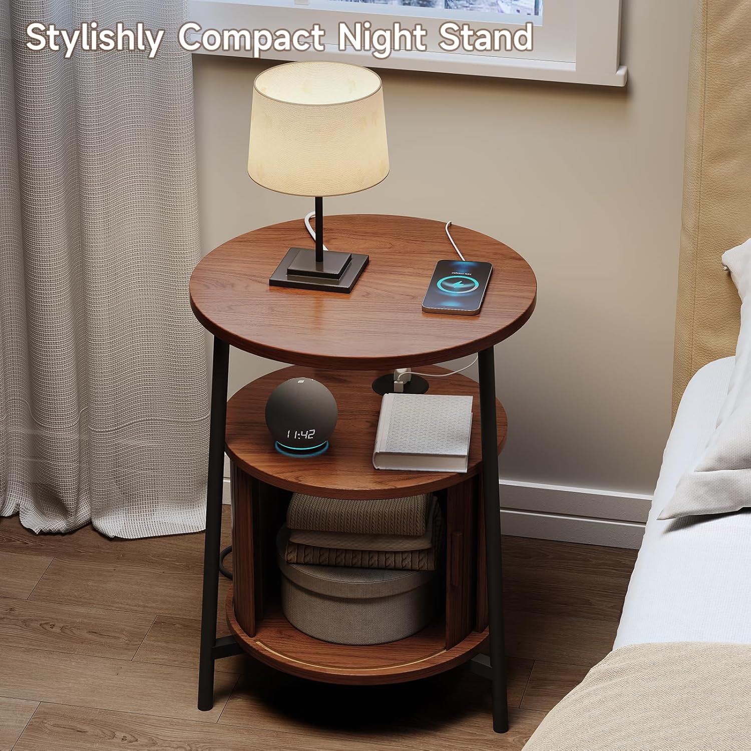 ONBRILL Round Side Table with Storage, Fluted Nightstand with Charging Station, Small Mid-Century Modern Bedside Tables, Walnut End Tables for Small Space Living Room Bedroom Sofa Couch