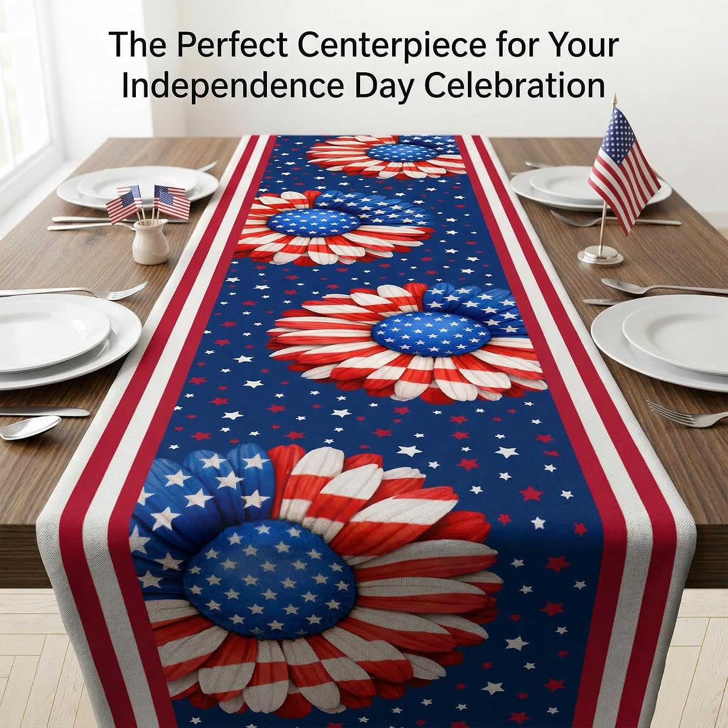 4th of July Decorations - USA Stars Floral Table Runner | Patriotic Decorations for Fourth of July - 250th Anniversary Decor Accessories Party Supplies Favors Indoor Outdoor Home