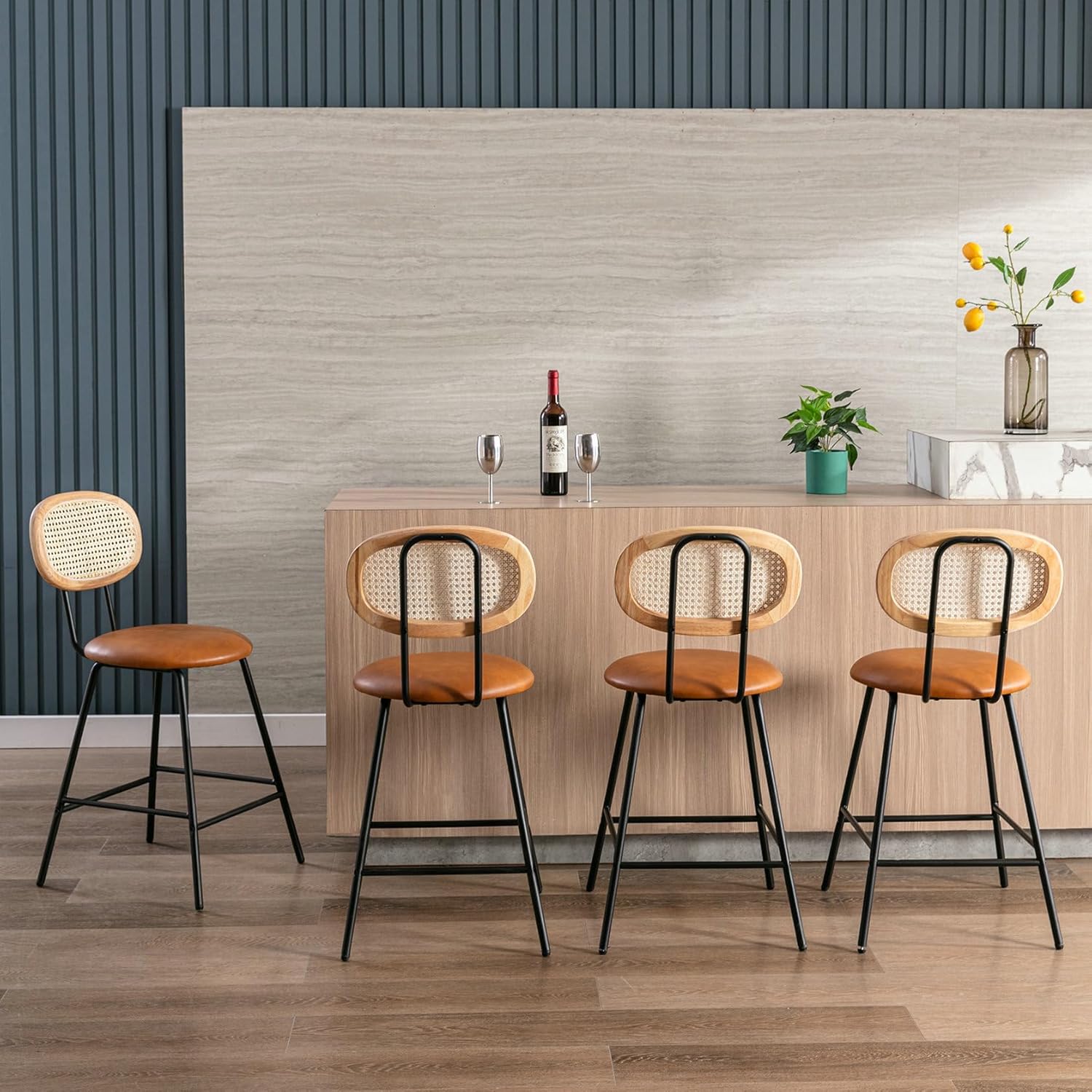 Counter Stools Rattan Back, Faux Leather Bar Stools