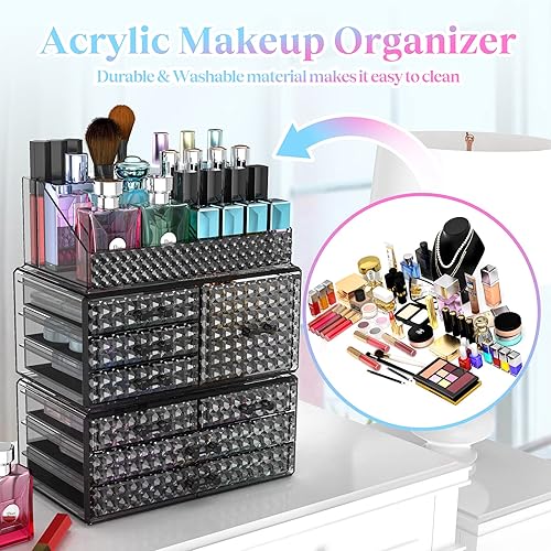 Miniatura 5 de Paquete de 3 organizadores de maquillaje apilables actualizados, estuches de almacenamiento de cosméticos acrílicos con 8 cajones organizadores de