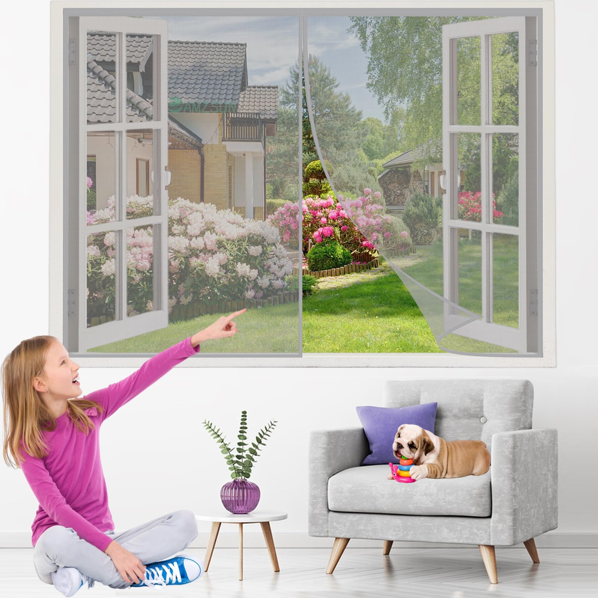 Magnet Fliegengitter Fenster 230x230cm Grau Magneten Fliegenvorhang Insektenschutz Fenster Tür mit Klettband für Balkontür Terrassentür ohne Bohren