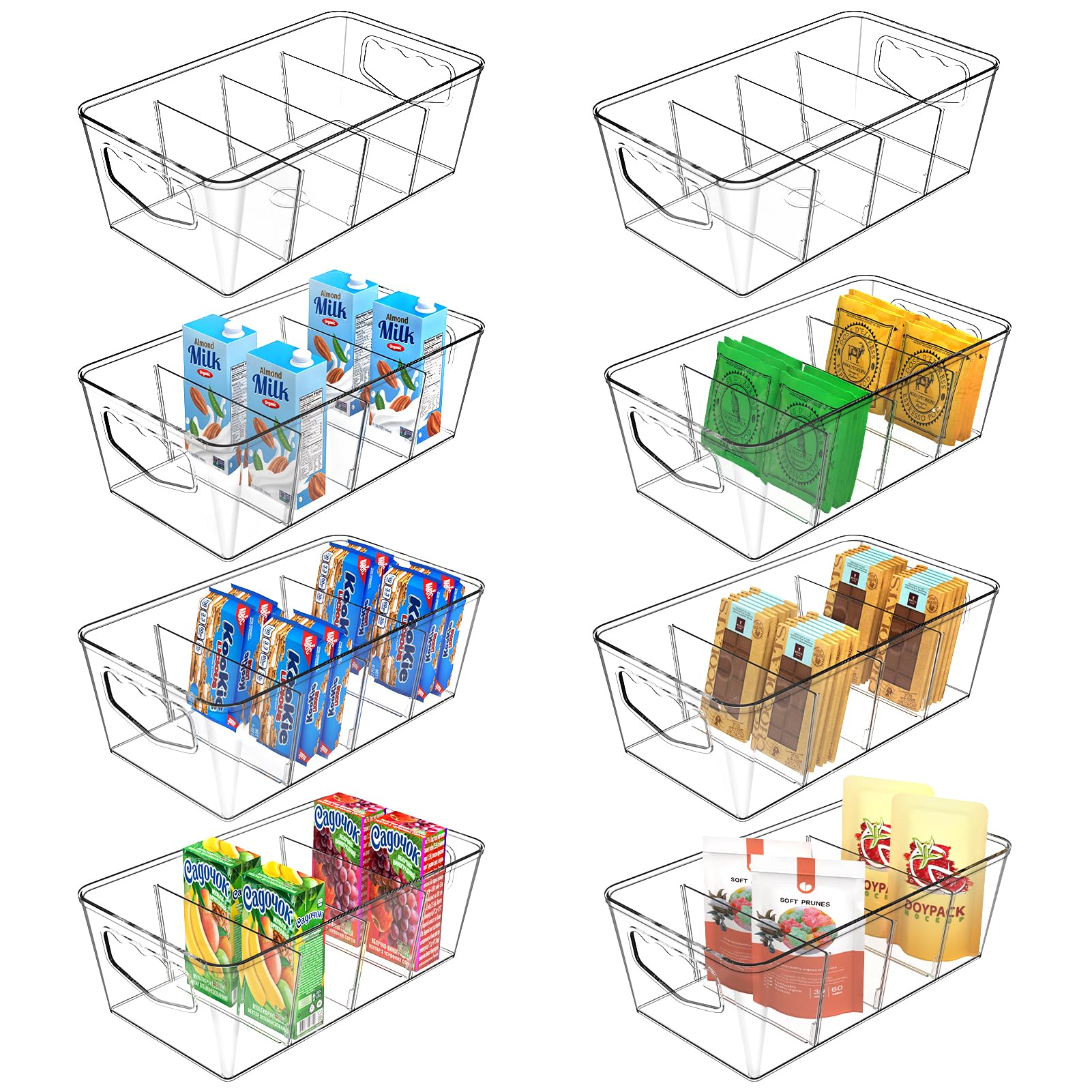 SPACEKEEPERPantry Organization and Storage Bins 8 Pack Clear Storage Organizer Bins with Removable Dividers, Refrigerator Containers Multi-Use for Kitchen, Cabinet, Countertops