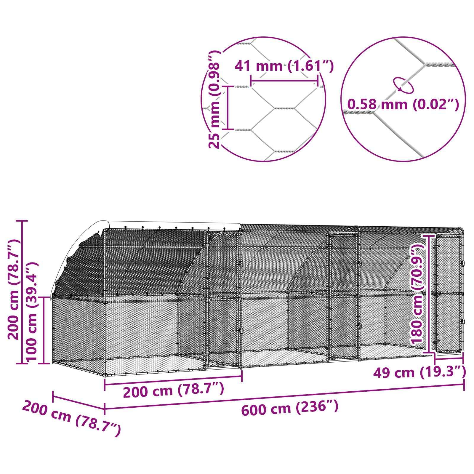 Gabbia per polli, 3 pezzi, argento, 600 x 200 x 200 cm, in acciaio