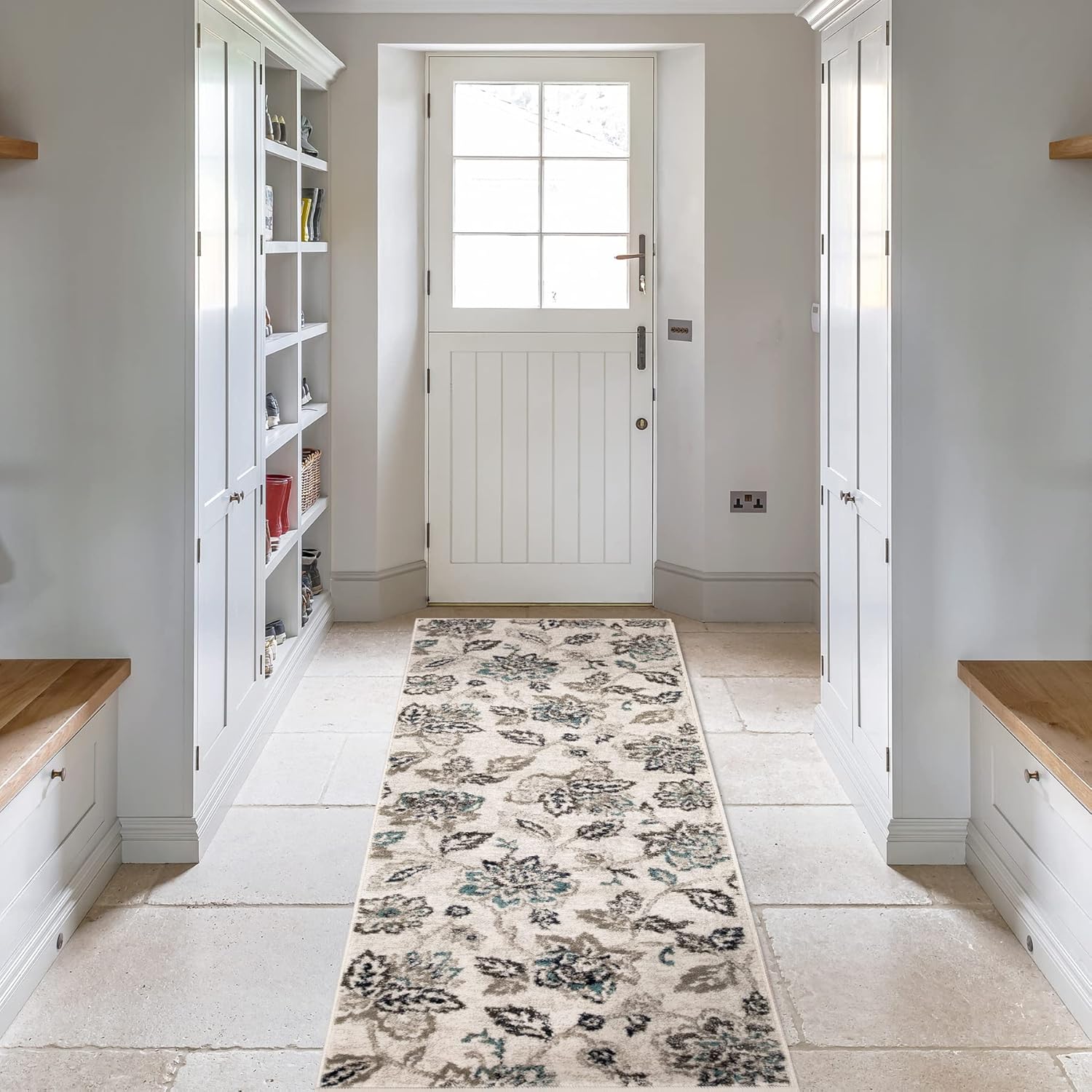 Superior Indoor Runner Rug for Hallways, Entryway, Office, Living Room, Bedroom, Hardwood, Tile, Floor Cover, Jute Backing, Modern Farmhouse Floral Decor, Jacobean Collection, 2' 7" x 8', Deep Royal Deep Royal 2ft 7in x 8ft