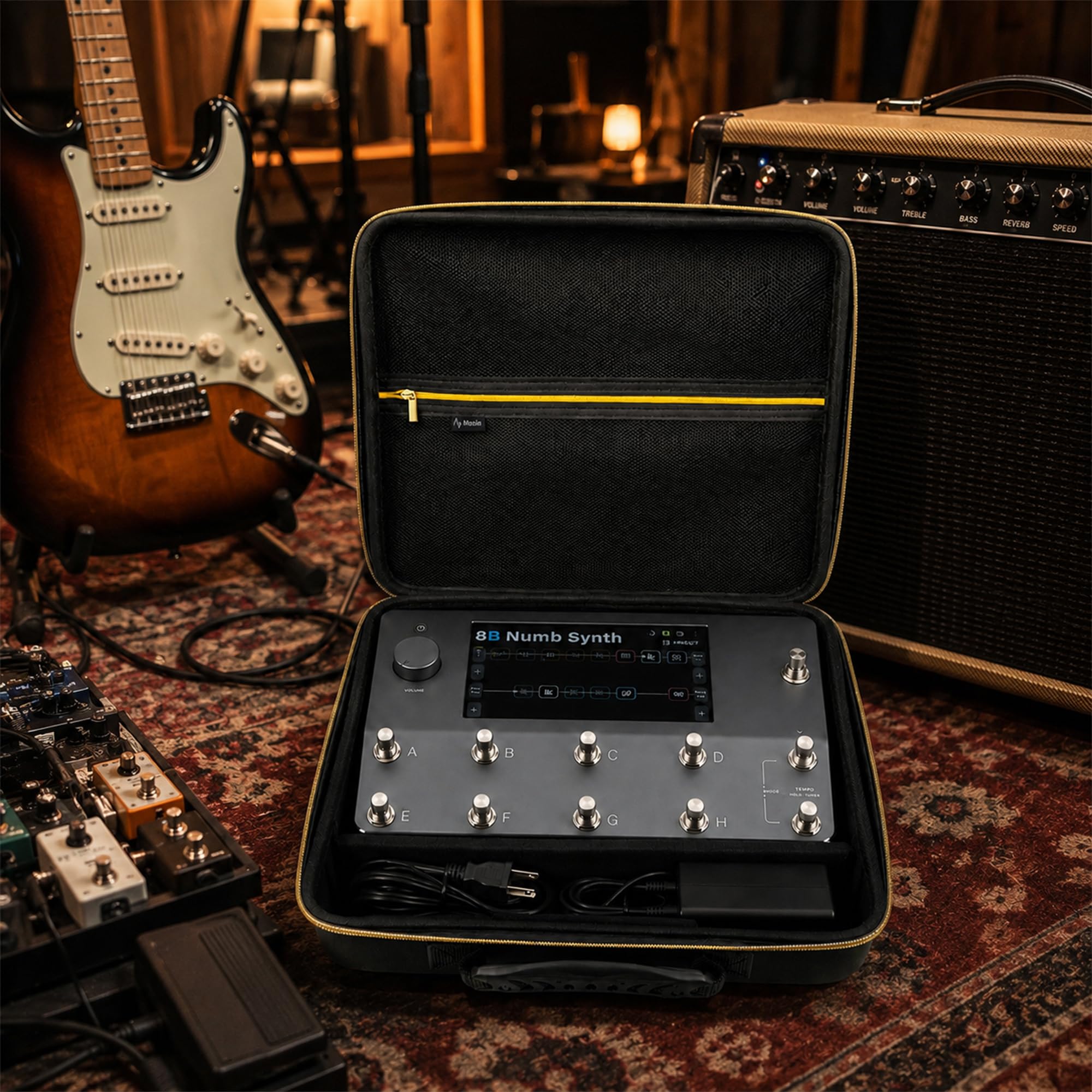 Musiin Funda para procesador de efectos digitales de guitarra compatible con Neural DSP Quad Cortex, almacenamiento portátil con bolsillo de malla, compartimento para cables, cremallera dorada y asa