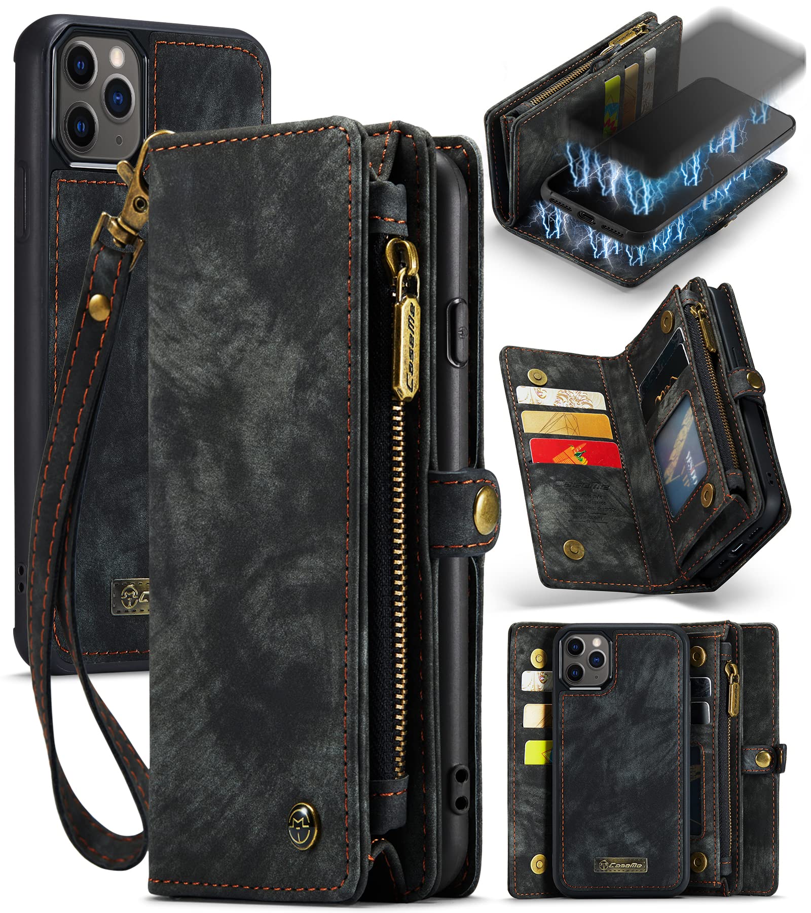 Coque iPhone 11 Pro Max portefeuille détachable cuir noir